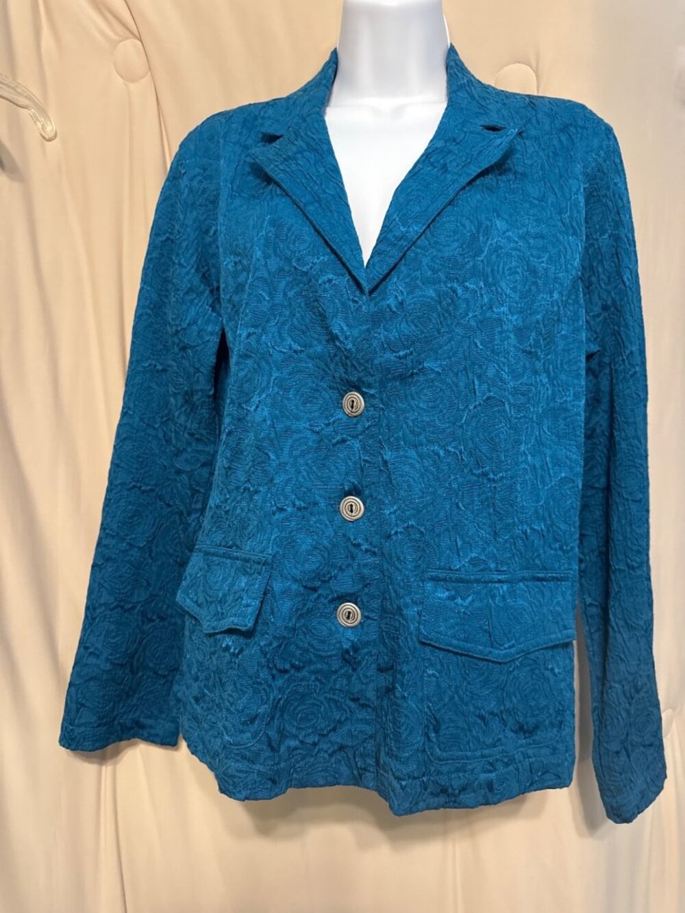 Chico's Teal Blue Crushed Jacquard Blazer Sz 1 (M)